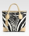 Lush zebra-print haircalf pairs with woven leather in this roomy carryall.Double top handles, 5 dropTop hook closureProtective metal feetOne inside zip pocketTwo inside open pocketsLinen lining13¼W X 12H X 5DMade in Italy