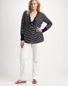 Nautical stripes and a flattering cowlneck give this design a classic and feminine look. CowlneckLong sleevesFront and back seamsSolid-color cuffsBuilt-in tank includedAbout 29 from shoulder to hemCottonHand washImported