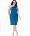 Eliza J's plus size cocktail dress is crafted of a shimmery satin and bedecked with a beaded hip for extra sparkle.