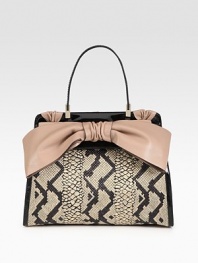 Chic python-printed straw meets supple leather in this sleek flap silhouette, finished with a demure leather bow.Top handle, 6½ dropFlap snap closureProtective metal feetOne inside zip pocketTwo inside open pocketsCotton lining14½W X 11H X 3½DMade in Italy