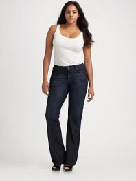 EXCLUSIVELY AT SAKS.COM. This flattering high-waist bootcut fit features soft distressing for a modern look.THE FITFitted through hips and thighs High-rise Inseam, about 34THE DETAILSZip fly with button closure Five-pocket style 70% cotton/27% polyester/3% Lycra spandex Machine wash Made in the USA of imported fabric