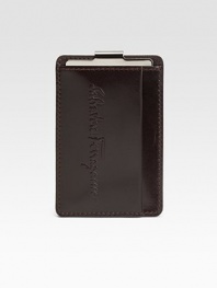 Clean and classic in stamped calfskin leather with an engraved metal clip. 4 X 7 Made in Italy 