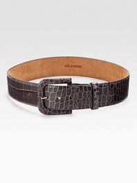 This stylish piece features a self covered buckle and is lined with supple calf leather. Width, about 2 Made in USA 