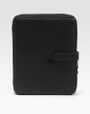 A sleek and compact casing designed in pebbled leather with plush velvet lining to prevent scratching and securely hold your iPad in place. Fits all iPad models Form-fitted construction Zip/button closure Leather/velvet 8W X 10H X ¾D Imported 