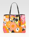 Vibrant floral-print leather in a roomy tote carryall.Double top handles, 9¼ dropTop snap closureOne inside zip pocketOne inside open pocketCotton lining16W X 13H X 7½DMade in Italy