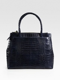 This sophisticated, structured croc-skin tote is the perfect size for holding all of your essentials.Double top handles, 6 dropZipper and magnetic closureTwo outside open pocketsProtective metal feetTwo top-zip compartmentsOne inside zip pocketFour inside open pocketsSuede lining12¼W X 111½H X 5½DImported