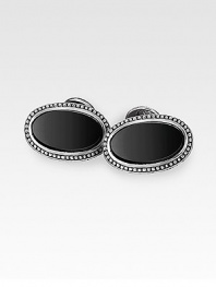 Sleek, smooth onyx stones are set into finely engraved sterling silver. About 1 X ½ Made in USA