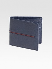 Richly textured leather design accented with contrasting strip detail.Two billfold compartmentsEight card slotsLeather4½W x 3¾HMade in Italy