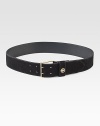 A classic design with goldtone hardware. Cow suede leatherDual prong zinc alloy buckleWidth, about 2Made in USA 