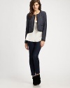 In a slightly shrunken proportion with trendy contrast trim, this cropped jacket is a fashion-forward go-to for the season.ScoopneckOpen-front styleDecorative front pocketsContrast trimAbout 12 from shoulder to hem80% cotton/10% nylon/7% viscose/3% elastaneDry cleanImported of Italian fabric