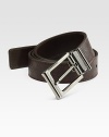 Sleek calfskin leather, crafted in Italy with embossed gancio texture and a gunmetal buckle. About 1¼ wide Made in Italy 