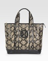 Laminated snake-print burlap trimmed with rich leather in a signature carryall.Double top handles, 6 dropTop zip closureProtective metal feetOne inside zip pocketTwo inside open pocketsCotton lining19½W X 14½H X 5½DImported