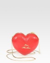 An adorable heart shaped design constructed of shiny leather, with a chic center logo and goldtone hardware. Chain shoulder strap, 21 dropTop clasp closureFully lined6¼W X 5½H X 1¼DImported