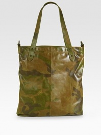 This smartly styled tote features a leather body with a camo-pattern for a military chic appeal.Zip closureTop handlesAdjustable shoulder strapsFully linedLeather15W x 17H x 1D Imported