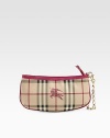 This compact silhouette with classy goldtone chain features classic checks on a long lasting PVC/cotton blend.Wristlet chain, 6 drop Top zip closure Nylon lining PVC/Cotton 9½W X 4½H X 1½D Made in Italy