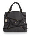 Straps, studs and buckles, oh my! This take-anywhere tote silhouette is detailed with a unique strapwork overlay and goldtone square studs for a truly one-of-a-kind style.