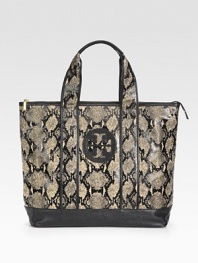 Laminated snake-print burlap trimmed with rich leather in a signature carryall.Double top handles, 6 dropTop zip closureProtective metal feetOne inside zip pocketTwo inside open pocketsCotton lining19½W X 14½H X 5½DImported