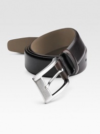 A smooth leather dress style finished with a polished brass buckle. About 1¼ wide Made in Italy 