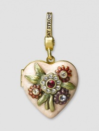 A beautifully detailed new heirloom locket is handcrafted in brass-plated pewter and embellished with sparkling Swarovski crystals. 5% of the retail price of each piece sold will be donated to support the work of the Breast Cancer Research Foundation. Hand-polished and -enameled 1 X 1 Made in USA