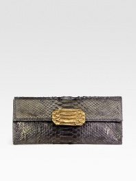 Lustrous python-embossed rubber in a sleek envelope shape.Magnetic flap closureOne inside zip pocketFully lined11¾W X 5¼H X 1½DMade in the USA
