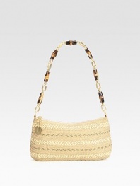 A soft, easy shape of hand-finished squishee fabric, topped off with a chic bamboo shoulder strap. Bamboo and goldtone hardware shoulder strap, 8½ dropTop zip closureOne outside open pocketOne inside zip pocketOne inside open pocketFully lined9½W X 5H X 2½DImported and hand-finished in USA