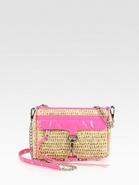 Textured raffia is paired with lustrous and vibrant patent leather in this versatile, compact design. Removable chain and patent leather shoulder strap, 23 dropTop zip closureOne outside zip-flap pocket and lock closureProtective metal feetCotton lining8¾W X 6¼H X 1½DImported