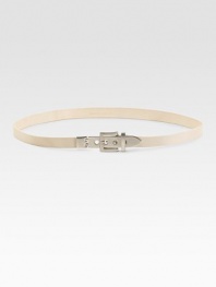 A sleek leather design with a matte metal buckle. Width, about ¾Made in Italy