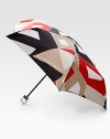 Medium-sized umbrella in a modern geometric pattern with automatic open and close button. Open diameter, about 40 Folded length, about 9 100% polyester Imported 