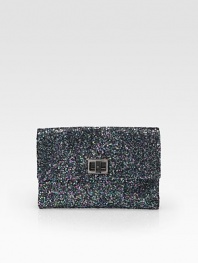 Add some glam to your evening with this slim flap-bag, crafted from glitter-coated fabric.Turnlock flap closure One inside open pocket Leather and suede lining 9W X 6½H X ½D Imported