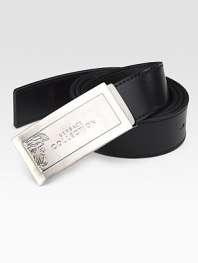 Italian calfskin leather with an etched, signature Medusa plaque buckle. About 1¼ wide Made in Italy 