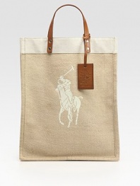 The signature polo player highlights the front of this spacious carryall in an understated mix of canvas, jute and leather.Double top handles, 4 dropLogo-embossed luggage tagOpen topOne inside open pocketJute/canvas/leatherCoated jute lining13½W X 16¾H X 6DMade in Italy