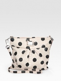 Painted polka dots over snake-embossed PVC make for a chic combination in this pleated silhouette.Detachable shoulder strap, 22 dropTop zip closureOne inside zip pocketTwo inside open pocketsFully lined11W X 10H X 1/4DImported
