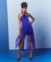 Jessica McClintock puts a sassy spin on the traditional evening dress, outfitting it with a hot details like a halter neck and handkerchief-style, high-low hem.