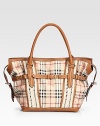 Famous checks trimmed with leather and finished with strips of distinctive macramé.Double top handles, 7 dropTop zip closeOne inside zip pocketTwo inside open pocketsCotton lining81% PVC/19% cotton12W X 13H X 6½DMade in Italy