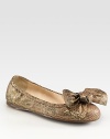 Python stamped metallic leather flat with bow detail. Python stamped leather upperLeather liningRubber solePadded insoleMade in ItalyOUR FIT MODEL RECOMMENDS ordering one half size down as this style runs large. 