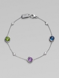 From the Silver Rain Collection. Delicate diamonds and faceted peridot, London blue topaz and dark amethyst sparkle from a delicate sterling silver chain.Diamonds, .15 tcw Peridot London blue topaz Dark amethyst Sterling silver Length, about 7 Lobster clasp closure Imported