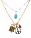 Hippie chic. Thanks to a peace sign motif, Lucky Brand's double layer necklace imparts a 1960s sensibility. Accented by semi-precious stones (white jade and turquoise) along with colored crystals, it's crafted in gold tone and silver tone mixed metal. Approximate length: 21 inches + 2-inch extender. Approximate drop: 2-1/2 inches.