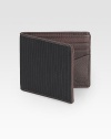 An inspired look based on a classic suiting pinstripe with a pebbled leather interior. Backed for stability and durability Bill compartment Six card slots About 4 X 3½ Imported 