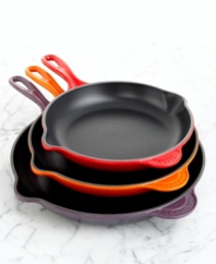 The skillet has been long known as the workhorse of kitchens from breakfast to dinner bells. Crafted with a cast iron exterior for uniform heating and even cooking, it's perfect for browning and searing and the satin black enamel interior will seal in juices and flavors for succulent, tender meats and poultry. Ideal for sautéing vegetables and broiling fish, too. Sloping sides promote rapid moisture evaporation and help prevent splatter. Assist handle allows easier lifting. Limited lifetime warranty.