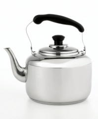 Add a little elegance to your tea service with this classic stainless steel tea kettle. Polished to a brilliant shine, it has an aluminum-encapsulated base to help water boil faster. Limited lifetime warranty.