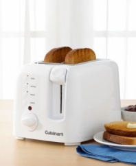Toast fluffy bagels or other large bread items with this compact 2-slice toaster, featuring extra-wide 1.5 toasting slots. Additional features include LED touchpad controls and a 9-setting LED backlit browning dial, extra-lift carriage lever and a slide-out crumb tray for easy cleaning. Three-year limited warranty. Model CPT120.