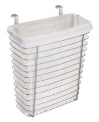 Keep your trash behind closed doors. This polished chrome wastebaskets hooks over any cabinet door, providing a tucked-away place to toss everyday garbage.