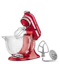 A dynamic kitchen companion, this stand mixer takes on any mixing job with professional power, and utilizes a unique tilting head design for easily bowl and content removal. One-year warranty. Model KSM155.