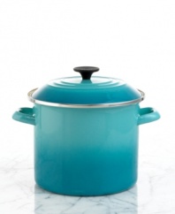 Colorful and clever. Imagine boiling the catch of the day in this 8-qt. enameled steel stock pot. The unique mold heats foods evenly and allows their natural flavors to surface. Tight-fitting lid seals in heat and keeps foods hotter longer. Heat-resistant knobs and handles. Limited lifetime warranty.
