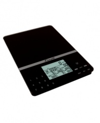 A smart approach to cooking and eating. Get the weigh-in on food on this portable, sleek and ultra thin scale that displays calories, sodium, protein, fat and more of 999 different types of foods. Different measurement selections arm you with the knowledge you need to whip up a healthy meal every time. 5-year warranty.