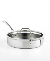 Brilliant good looks. Perfect gourmet results. Combining the long-lasting radiance of stainless steel with the superior  performance of a highly conductive, heavy-gauge aluminum core, the Calphalon Tri-Ply saute pan makes it easy to prepare mouthwatering meals day after day -- each more memorable than the last. Lifetime warranty.