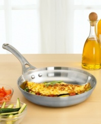 Delicious omelettes, filled with your favorite fillings, just got easier to make. This exquisite, stainless steel omelette pan features a sleek curved vessel and tri-ply performance for ultimate functionality. Stay-cool long handles let you move pan without burning your hands. Dishwasher safe. Lifetime warranty.
