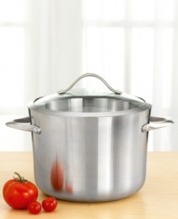 No chef can do without this kitchen essential! 8-quart stock pot is ideal for slow simmers of soups, pastas and bulk vegetables. Stainless steel construction with sleek curved vessel provides for consistently great cooking results. Includes stay-cool long handles so your hands don't get burned and a glass cover. Dishwasher safe. Lifetime warranty.
