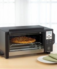 It's not just a toaster - it's bakes and broils, too! A handsome unit constructed of highly polished stainless steel, this spacious toaster oven uses convection to circulate heated air around food for fast, more even cooking. In fact, two sets of three quartz heating-elements - a total output of 1600 watts - cook food up to 30% faster. An easy-to-read digital LCD display is a breeze to use. The unique crumb tray and nonstick interior surface make cleanup a pleasure. One-year warranty.