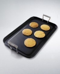 Cook up a breakfast feast with this double burner griddle by All-Clad, the undisputed choice among 4-star chefs. Aluminum core with a hard-anondized surface and nonstick coating allows food to cook evenly and slide right onto plates. Features 2 easy-pour spouts for draining grease and fat. 13 x 20. UL listed.